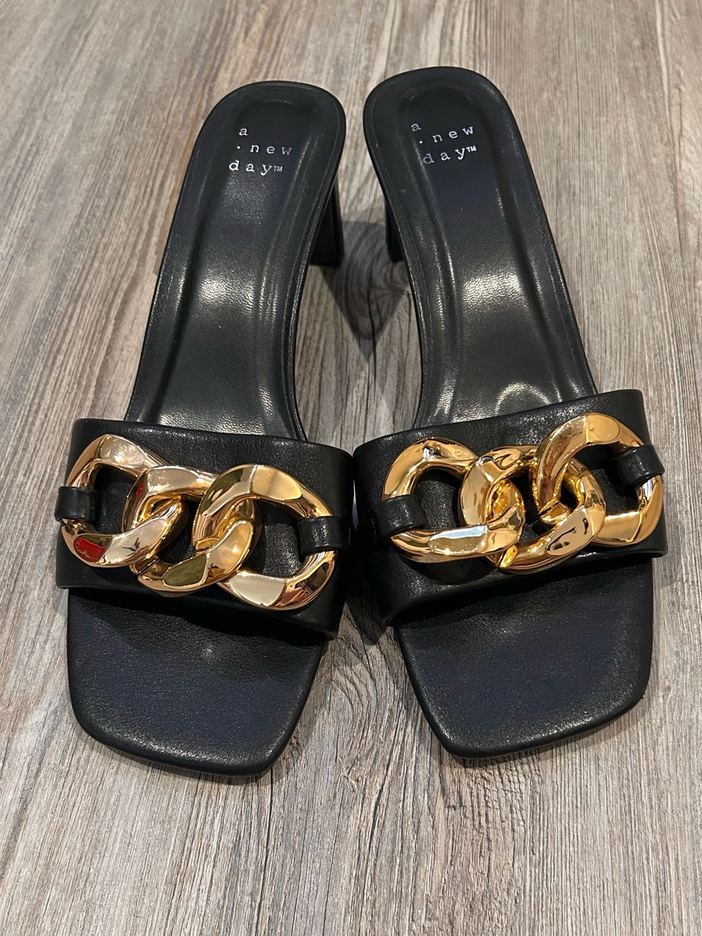 a new day Black Slide Mules with Gold Chain Accent